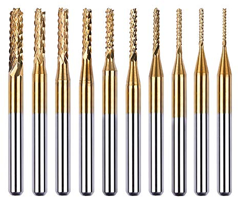 Mesee 10Pcs Titanium Coat Carbide End Milling Engraving Bits, 1/8 inch Shank CNC Rotary Burrs Bit Set for PCB SCM Circuit Board Plastic Fiber Wood Rotary Drilling Tool Accessory, 0.8mm-3.175mm