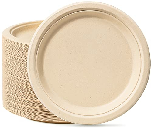 GREENESAGE Rigid 9 inch 50 Pack Disposable Paper Brown Plates Sugarcane Compostable Strong Dishes for Picnic Wedding Christmas Party BBQ