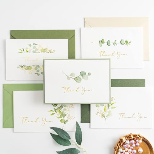 Crisky Paquete de 50 tarjetas de agradecimiento de eucalipto con sobres, tarjetas de agradecimiento para boda, despedida de soltera, baby shower, pequeña empresa, graduación