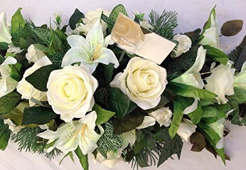 Silky Bouquets Artificial Silk Funeral Flower Coffin Spray Tribute Casket Topper Wreath Lily (White, 12)