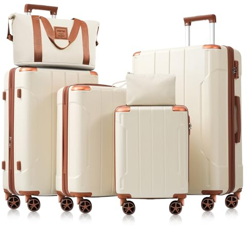 Merax Luggage Set 6 Piece Expandable Lightweight ABS Hardshell Suitcases with Wheels, Corner Guards (White Brown, 6 piece set)
