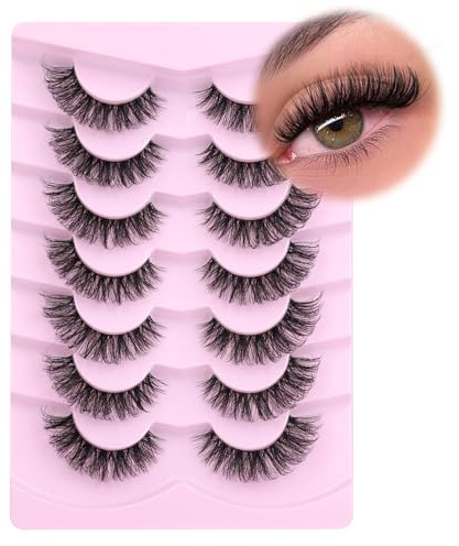Mavphnee Natural Look Wispy D Curl False Eyelashes Cat Eye Fake Lashes Strips 7 Pairs Clear Band Fluffy False Lashes Pack