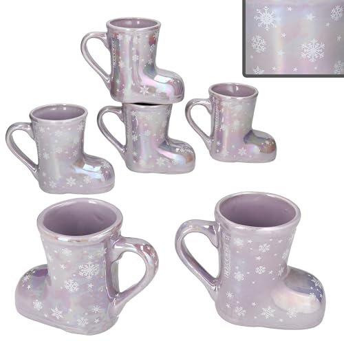 MamboCat Lot de 6 bottes à vin chaud avec anse - Lilas brillant - 200 ml - Gobelets à vin chaud nacrés avec flocons de neige et étoiles pour 6 personnes - Tasse en céramique pour thé