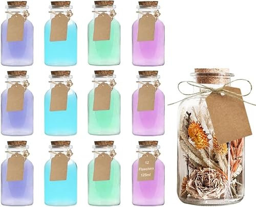 12 x 125ml Vasetti Barattoli in Vetro con Tappo in Sughero, Bottigliette Vetro con Spago, Etichetta e Imbuto, Bottiglie di Vetro per Farmacia per Riempire con Bevande e Decorazione della Festa
