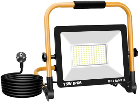 YOJZMA Luz LED Portátil de Trabajo con Cable de 3M, 75W 7500LM Focos LED, 6000K Blanco, Rotación 360°, IP66 Impermeable, Luces para Exterior/Interior, Taller, Garaje, Construcción