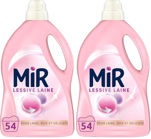 Mir - Lessive Liquide - Lessive Laine - Main & Machine - Raviveur - Formule Unique 3en1 - Douceur - Fibres - Tenue - Toucher Cachemir - Anti-Bouloche - Pour Laine - Soie - Délicats - 54 Lavages