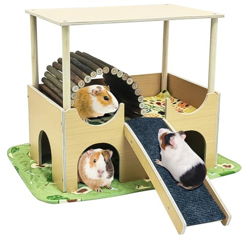 Fhiny Large Guinea Pig Hideout, 2 Tier Wooden Chinchilla Castle with Stair Bridge and Soft Mat Piggies House Small Animal Hideaway Hamster Habitat Decor for Chinchilla Hedgehog Hamster Gerbil Rat