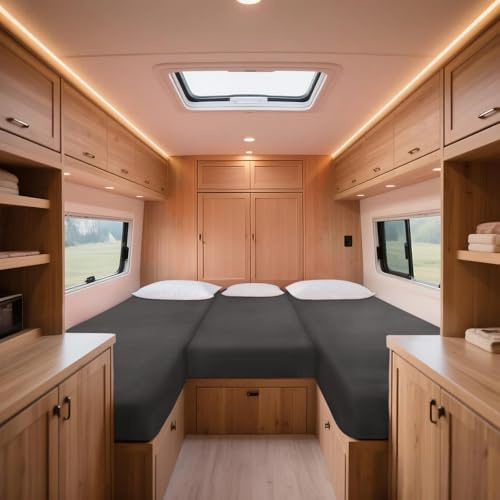 ZYBSLCSY Stretch-Samt Spannbettlaken Wohnmobil Mit Schnürung, Spannbetttuch Für Wohnwagen, Blatt Für Heckbetten Set 3 Teilig Mit 2 Längsbetten + Mittelteil (Dark Grey)