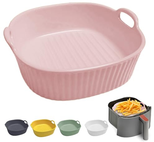 Moule rond en céramique pour four à air pulsé, 17,5 x 16 x 5,5 cm, moule à lasagnes, moule rond à décoration multicolore, pour lasagnes, frites, soupe (rose clair)
