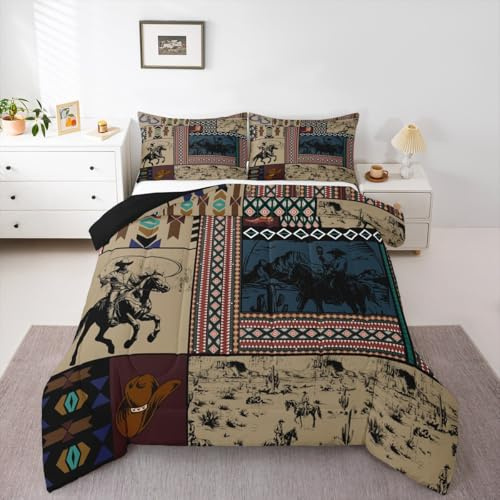 Feelyou Kids Brown Western Aztec Comforter Set Toddler Size Horse Bedding Set for Boys Girls Teens Bedroom Decor Wild Cowboy Boho Southwestern Rustic Farmhouse Tribal Duvet Quilt Breathable Soft 2Pcs