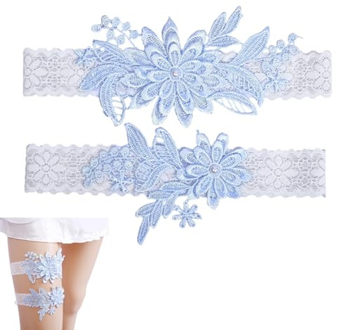 TAGMEIU 2 Pcs Blue Lace Embroidered Wedding Leg Garter Set