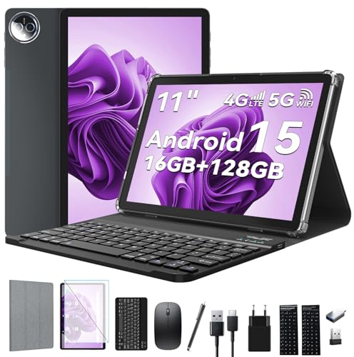 KADYBE 11-Zoll Android 15 Tablet, 8000mAh Akku, 5G WiFi + 4G LTE Dual-SIM, 13+8MP Kamera, 16GB + 128GB(1TB erweiterbar), 8-Core, GPS, Tablett PC mit Tastatur und Maus und Stylus, Grau