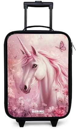NoBoringSuitcases.com® Kinderkoffer Klein Reise Trolley 48x31x19 cm Reisekoffer Kleiner Kinder Koffer mit LED Rollen Ultraleicht Mini Einhorn - Schmetterlinge - Blumen