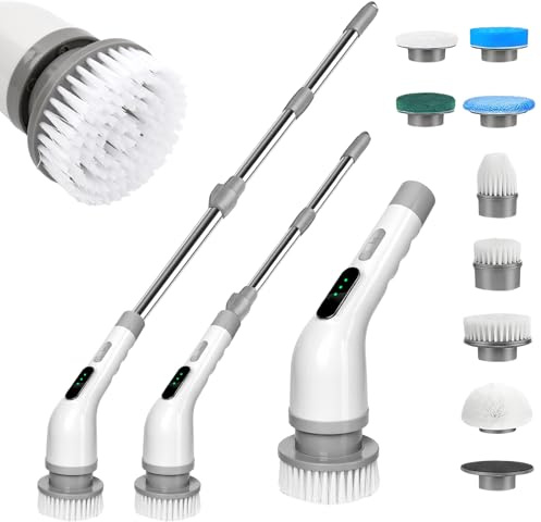 Cepillo Electrico Limpieza Hogar, Cepillo Limpieza Electrico con 9 Cabezales de Cepillo de Repuesto, Limpiador Giratorio Eléctrico con Mango Ajustable 3 Velocidades para BañO, Azulejos, Pisos