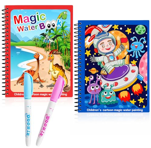 Livre de coloriage magique à l'eau pour enfants – Dinosaure et espace – Livre de coloriage aquarelle réutilisable sans peinture avec kit de pinceaux à eau, jouet éducatif à partir de 3 ans, bricolage