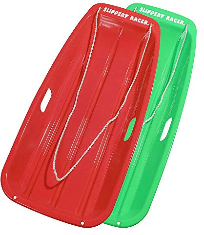 Slippery Racer Downhill Sprinter Flexible Kids Toddler Plastic Cold-Resistant Toboggan Snow Sled with Pull Rope and Handles -35 Inch (RED/Green, 2 Pack)
