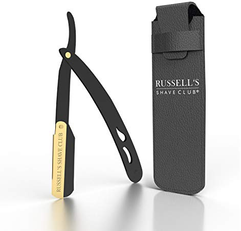 Russell's Shave Club® Professional Straight Edge Cut Throat Razor - Travel Pouch Included (Black/Gold)