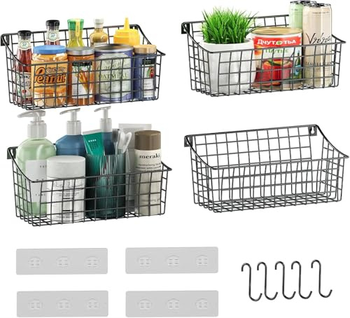 Sonyabecca 4 Pack Hanging Wall Basket for Organizing, Large Wire Basket for Storage Pantry with 5 S Hook+4 Adhesive Hook, Wall Mounted Shelf for Kitchen Bathroom