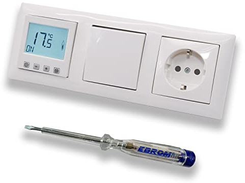 Halmburger Raumthermostat Raumtemperaturregler ERD-55rg DIGITAL in Busch Jäger Balance SI alpinweiß Lichtschalter und Steckdose mit erhöhtem Berührungsschutz + EBROM Phasenprüfer z. Montage d. Geräte