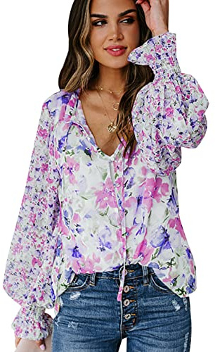 Blouse Manche Bouffante Femme Col V Haut Volant Femme Ete Chemisier Mousseline Femme Chic Et Élégant Chemise Fleurie Ample Casual Femmes Blouse Tunique Manches Longues Été Femme Grande Taille Rose M