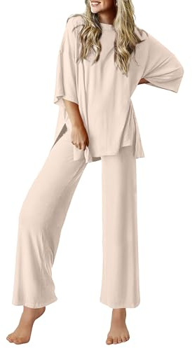 Ekouaer Lounge Sets for Women Short Sleeve Tops and Long Pants Soft Comfy Pajamas Set 2 Piece Outfits,Beige,M