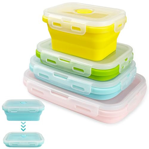 Récipients Pliables en Silicone, 4pcs Réutilisable Boite Conservation Alimentaire, Boites Alimentaires Hermétiques, Silicone Pliable Alimentaires, Saladier Pliable pour Camping Randonnée Bureau