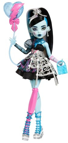 Monster High Scary Sweet Birthday Doll, Frankie Stein in Black Party Dress with Themed Accessories Like Invite, Balloon, Toy, Lipstick and More