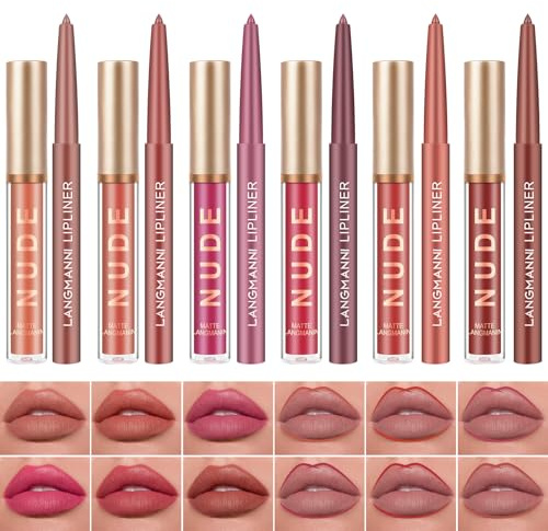 Juego de Maquillaje de Lápices Labiales，12 Piezas Lápiz Labial Líquido Mate con Delineador de Labios，6 Líquidos Mate y 6 Delineadores de Labios, Kit de Brillo de Labios de Terciopelo