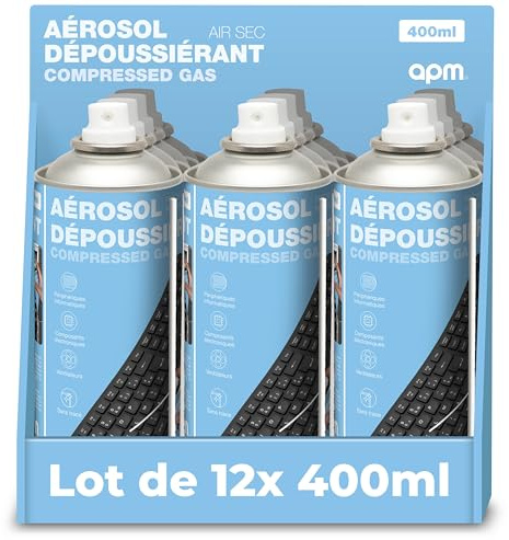 APM Lot 12 Bombes Air Sec 400ml, Aérosol Dépoussiérant Matériel Informatique, Spray Nettoyage Air Comprimé pour PC Clavier Mobile Appareil Photo et Composants électroniques, Buse de précision, 570051