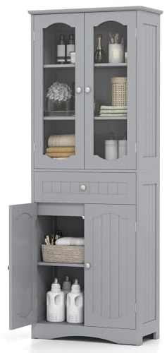 LIFEZEAL Armadio alto con ripiano regolabile e porta in vetro, per bagno/cucina/soggiorno, 60 x 30 x 160 cm (grigio)