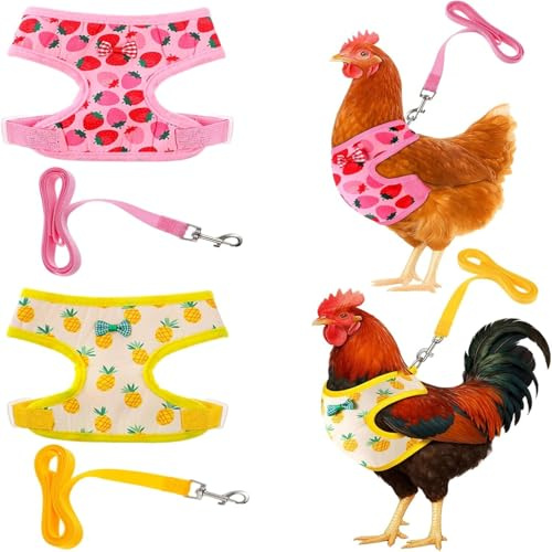 2 Pcs Adjustable Chicken Harness and Leash Set, Comfortable Chicken Vest Elastic Hen Vest with Strawberry Pineapple Print for Small Pets Duck Goose Hen Training Walking Supplies（Pink&Yellow）