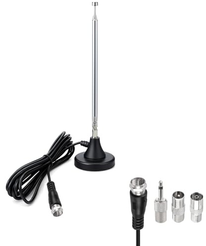 Minadax Radio & TV Teleskop Antenne – Digitale und Analoge Empfangsantenne mit Magnetfuß, 3 Adaptern und 3 m Kabel - DVB-T/T2, DVB-C, FM und DAB
