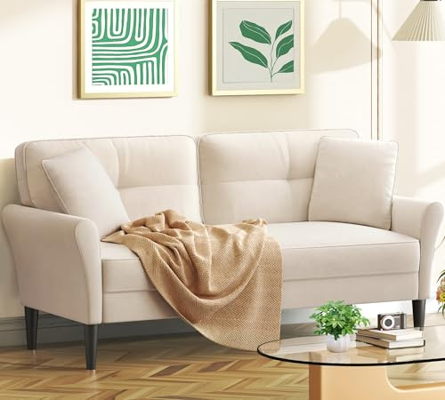 Loveseat Sofa, 69 Love Seat Couches, Comfy Velvet Small Sofa Couch for Bedroom with 2 Pillows, Tool-Free Setup Sofas & Couches, 700lb Load Sofas for Living Room, Mini Couch for Bedroom, White Couch