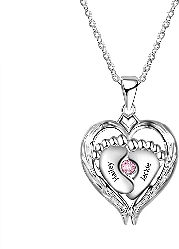 Collar de pies de bebé, colgante personalizado con forma de corazón y piedra natal, regalo para mamá
