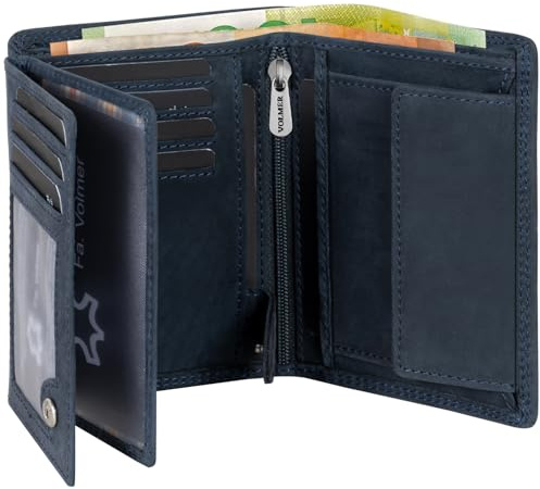 Fa.Volmer Portefeuille en cuir de buffle véritable I Grand portefeuille pour homme et femme I Protection RFID certifiée TÜV en couleur marron et noir, bleu marine, 12,5x9,5x2,5 cm, Format portrait