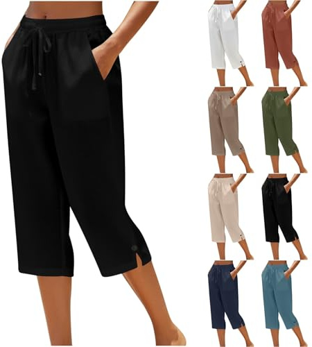 Ladies Cropped Trousers - Capri Pants for Women UK Petite Comfy Summer Three Quarter Length Trousers Stretchy Drawstring Waist Straight Leg Lounge Yoga Beach Capris Pants with Pockets