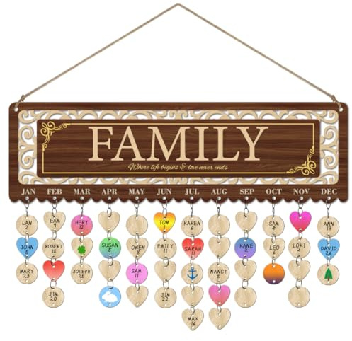 arricraft Wooden Birthday Reminder Calendar, 40x12cm/15.7x4.7 Family Retro Wood Grain Anniversary Reminder Plaque with 100pcs Tags for DIY Birthday Tracker Family Wall Decor