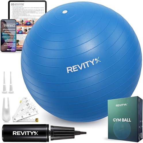 Revity Gymnastikball 65 cm - Pilates Ball & Ergonomischer Sitzball fürs Büro - Rutschfest, Leicht zu Reinigen, Geruchsneutral, Anti-Burst 250 kg, Matte Oberfläche, Pumpe & Trainingsguide