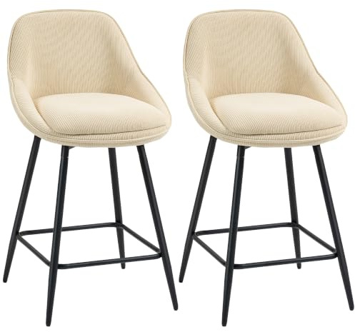 HOMCOM Lot de 2 Tabourets de Bar en Tissu Velours Côtelé Beige | Chaises de Bar, Assise 65H cm, Assise Large, Repose-Pieds, Pieds en Acier, Chaises Hautes Cuisine, Salle à Manger, Comptoir
