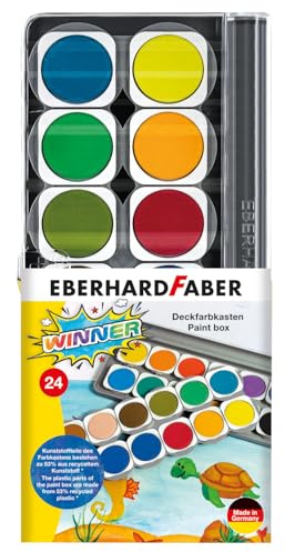 EBERHARD FABER 578324 - Boîte de peinture à l'eau Winner, 24 couleurs avec blanc opaque et compartiment pour pinceaux, boîte de peinture pour l'école