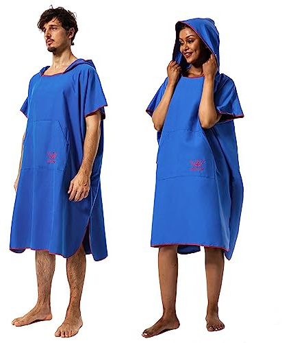 Winthome Poncho Surf Séchage Rapide, Serviette de Bain Microfibre Aidez la Plage à Changer, Peignoir de Bain avec Poche et Capuche, Cape Femme pour Adulte Femme Homme Natation Plages Douche(Bleu 2, M)