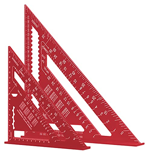 DASHUAIGE 2 Stück Dreieck Lineal, 7 Zoll und 12 Zoll Dreieck Winkelmesser, Hochpräzisions Aluminiumlegierung Dreieck Herrscher, Layout-Messwerkzeug für Ingenieur Zimmermann (Metrisch, Rotes)