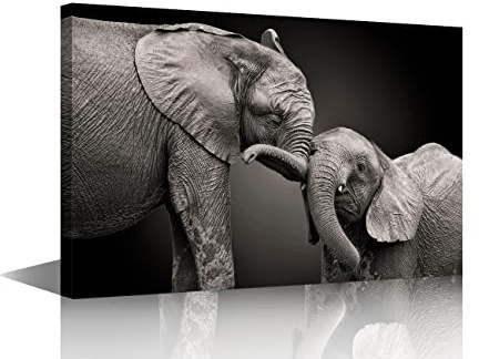 Mother Elephant and Baby Elephant Canvas Wall Art Picture Artwork for Bedroom Wall Decorations For Living Room Animal Pictures Wall Artwork Framed and Ready to Hang Large Size(24x36in