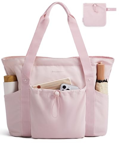 BAGSMART Women Foldable Tote Bag with Drawstring Storage Bag, Large Tote Bag Shoulder Bag Top Handle Handbag for Travel, Work, Beach, Gym, Shop, (Pink)
