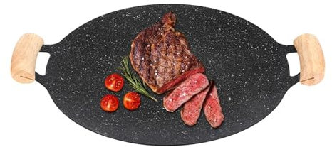 Genérico Sartén Teppanyaki,Sartén para hornear de hierro fundido antiadherente con mango de madera doble | Sartén para parrilla para barbacoa, placa multifuncional para carnes, panqueques y costillas