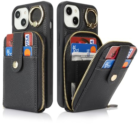 SailorTech Custodia per telefono per iPhone 14 Supporto ad anello con cerniera per carta di credito, iPhone 14 Custodia in pelle Portafoglio con portacarte per donne-Nero
