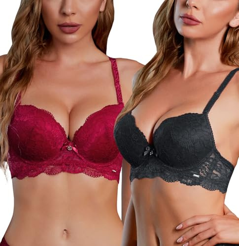 SHEKINI Women's Push Up Lace Bra Underwire Bras Set 2pcs Padded Bralette | Hook Closure, Removable Pads, Adjustable Straps, Comfortable, Everyday, Breathable, Two Pieces