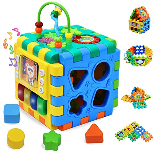 Activity Cube Baby Toy - 6 in 1 Educational Discover Center with Shape Sorter Bead Maze Animal Time Learning Clock Busy Learner Center for baby Toddlers