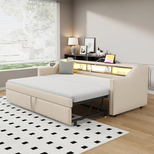 Merax Canapé-lit convertible 90/180 x 190 cm, Canapé pliable avec lumière LED et prise USB, canapé lit 2 places avec fonction couchage en tissu lin, beige (sans matelas)