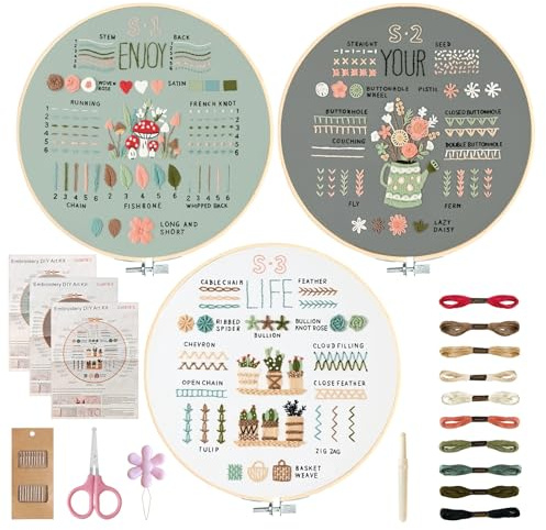 Realjoy 3 Sets Embroidery Starter Kit,Embroidery Kits for Adults Beginners,Full Range of Embroidery Kits with 32 Different Stitches, Including Fabric,Hoop,Needle and Thread Kit,Instructions